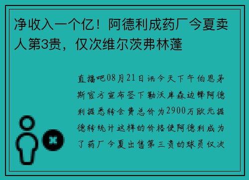 净收入一个亿！阿德利成药厂今夏卖人第3贵，仅次维尔茨弗林蓬